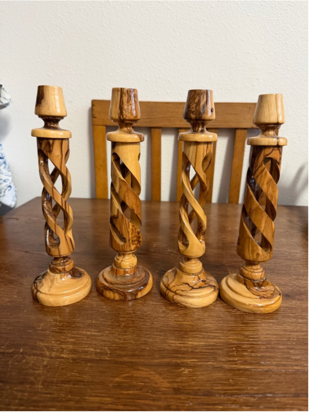Vintage Wooden Spiral Candlesticks Set of 4 Turned Wood Open Twist Taper Candle